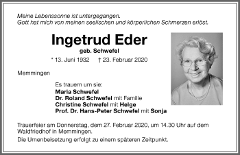 Traueranzeige von Ingetrud Eder von Memminger Zeitung