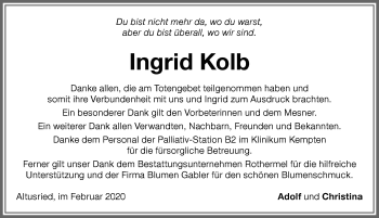 Traueranzeige von Ingrid Kolb von Allgäuer Zeitung,Kempten