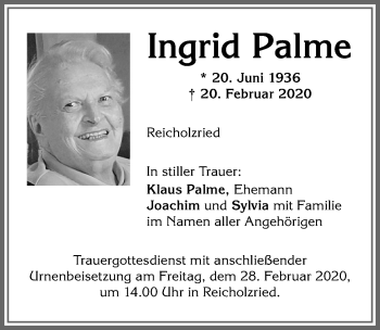Traueranzeige von Ingrid Palme von Allgäuer Zeitung,Kempten