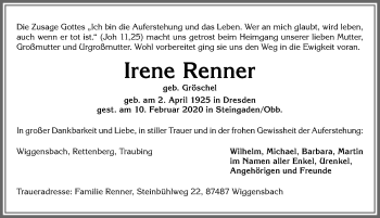 Traueranzeige von Irene Renner von Allgäuer Zeitung