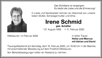 Traueranzeige von Irene Schmid von Memminger Zeitung