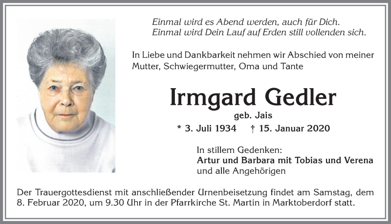  Traueranzeige für Irmgard Gedler vom 05.02.2020 aus Allgäuer Zeitung, Marktoberdorf