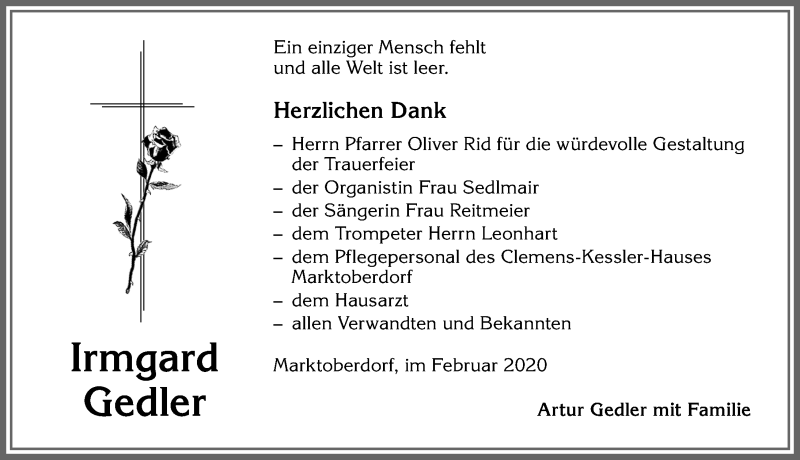  Traueranzeige für Irmgard Gedler vom 26.02.2020 aus Allgäuer Zeitung, Marktoberdorf