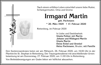 Traueranzeige von Irmgard Martin von Allgäuer Anzeigeblatt