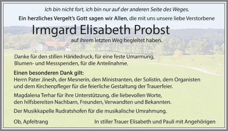  Traueranzeige für Irmgard Elisabeth Probst vom 22.02.2020 aus Allgäuer Zeitung, Kaufbeuren/Buchloe