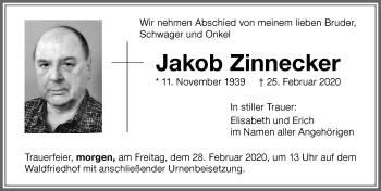 Traueranzeige von Jakob Zinnecker von Memminger Zeitung