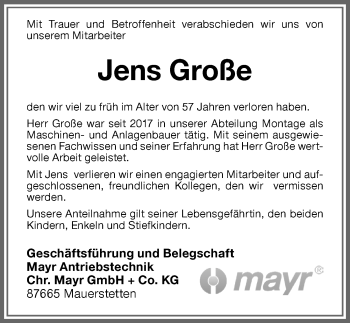 Traueranzeige von Jens Große von Allgäuer Zeitung, Kaufbeuren/Buchloe
