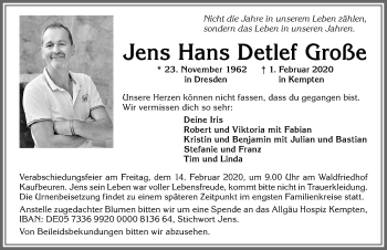 Traueranzeige von Jens Hans Detlef Große von Allgäuer Zeitung, Kaufbeuren/Buchloe