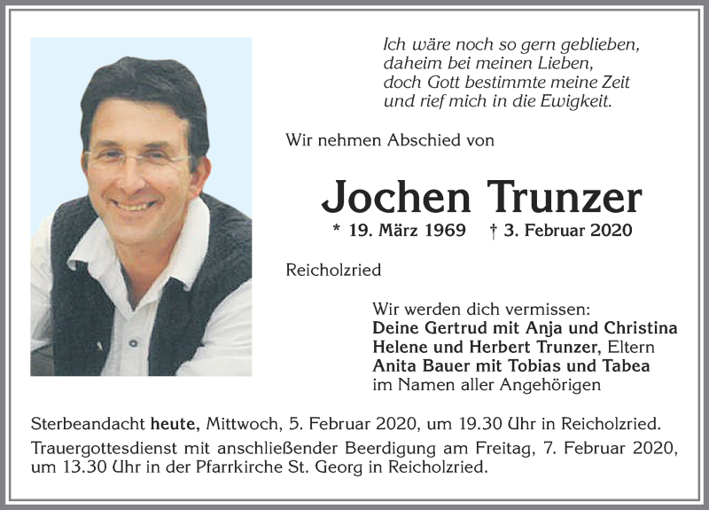  Traueranzeige für Jochen Trunzer vom 05.02.2020 aus Allgäuer Zeitung,Kempten