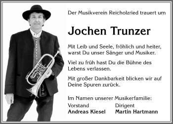 Traueranzeige von Jochen Trunzer von Allgäuer Zeitung,Kempten