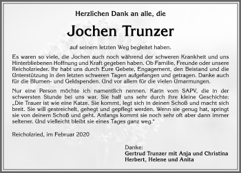 Traueranzeige von Jochen Trunzer von Allgäuer Zeitung,Kempten
