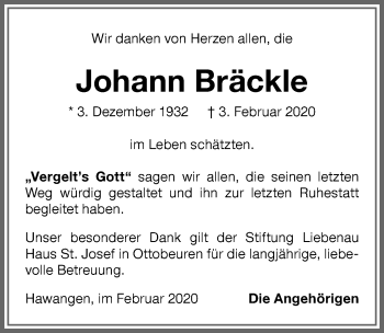 Traueranzeige von Johann Bräckle von Memminger Zeitung