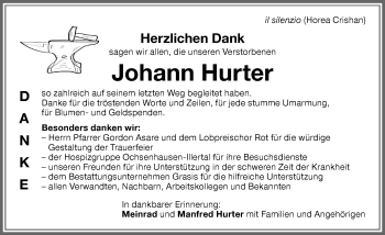 Traueranzeige von Johann Hurter von Memminger Zeitung
