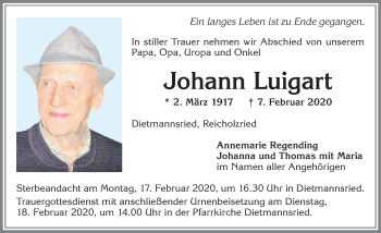 Traueranzeige von Johann Luigart von Allgäuer Zeitung,Kempten