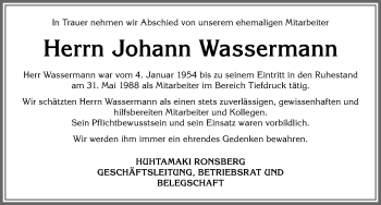 Traueranzeige von Johann Wassermann von Allgäuer Zeitung, Marktoberdorf