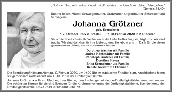 Traueranzeige von Johanna Grötzner von Allgäuer Zeitung, Kaufbeuren/Buchloe