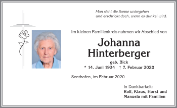 Traueranzeige von Johanna Hinterberger von Allgäuer Anzeigeblatt