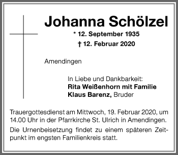 Traueranzeige von Johanna Schölzel von Memminger Zeitung