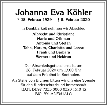 Traueranzeige von Johanna Eva Köhler von Allgäuer Anzeigeblatt