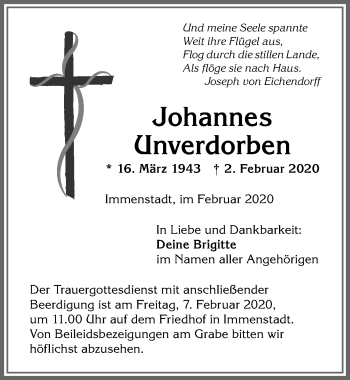 Traueranzeige von Johannes Unverdorben von Allgäuer Anzeigeblatt