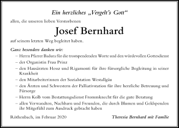 Traueranzeige von Josef Bernhard von Der Westallgäuer