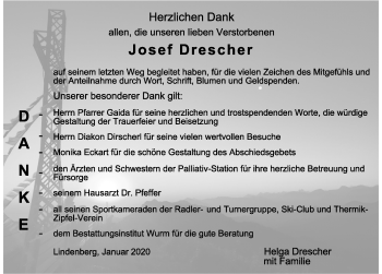 Traueranzeige von Josef Drescher von Der Westallgäuer
