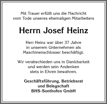 Traueranzeige von Josef Heinz von Allgäuer Anzeigeblatt