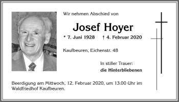 Traueranzeige von Josef Hoyer von Allgäuer Zeitung, Kaufbeuren/Buchloe