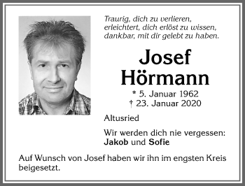 Traueranzeige von Josef Hörmann von Allgäuer Zeitung,Kempten