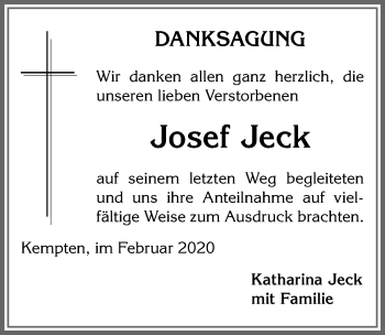 Traueranzeige von Josef Jeck von Allgäuer Zeitung,Kempten