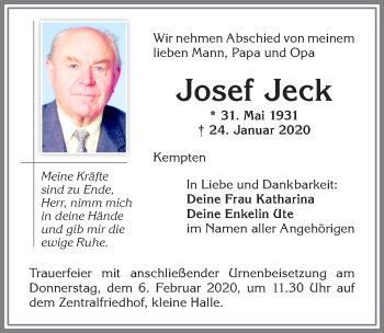 Traueranzeige von Josef Jeck von Allgäuer Zeitung,Kempten