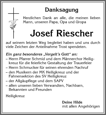 Traueranzeige von Josef Riescher von Allgäuer Zeitung,Kempten
