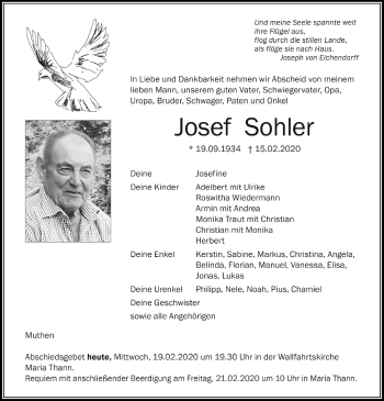 Traueranzeige von Josef Sohler von Der Westallgäuer