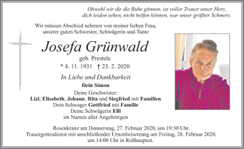 Traueranzeige von Josefa Grünwald von Allgäuer Zeitung, Füssen
