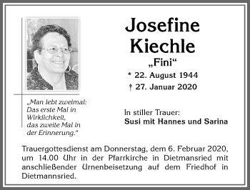 Traueranzeige von Josefine Kiechle von Allgäuer Zeitung,Kempten