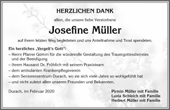Traueranzeige von Josefine Müller von Allgäuer Zeitung,Kempten