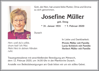 Traueranzeige von Josefine Müller von Allgäuer Zeitung,Kempten