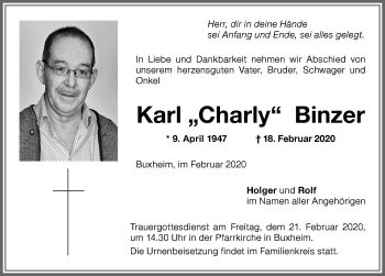 Traueranzeige von Karl Binzer von Memminger Zeitung