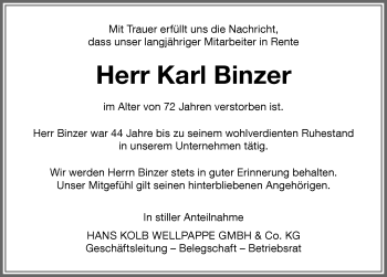 Traueranzeige von Karl Binzer von Memminger Zeitung
