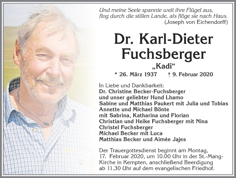  Traueranzeige für Karl-Dieter Fuchsberger vom 12.02.2020 aus Allgäuer Zeitung,Kempten