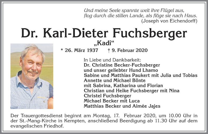  Traueranzeige für Karl-Dieter Fuchsberger vom 12.02.2020 aus Allgäuer Anzeigeblatt