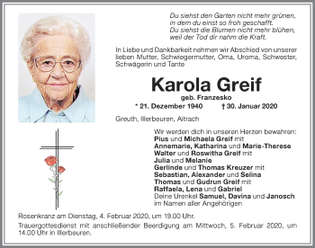 Traueranzeige von Karola Greif von Memminger Zeitung