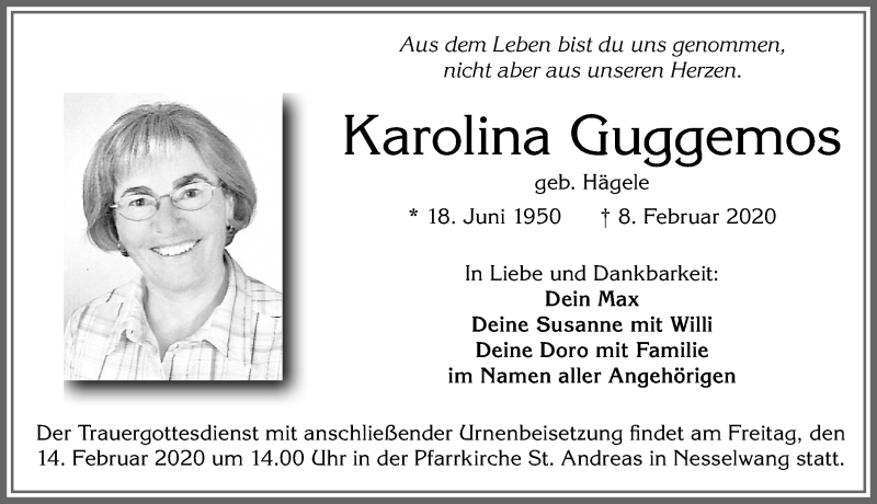  Traueranzeige für Karolina Guggemos vom 11.02.2020 aus Allgäuer Zeitung, Füssen