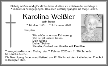 Traueranzeige von Karolina Weißler von Allgäuer Zeitung,Kempten