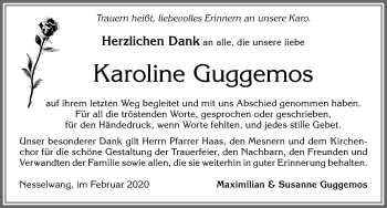 Traueranzeige von Karoline Guggemos von Allgäuer Zeitung, Füssen