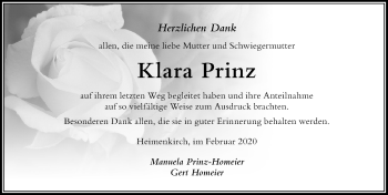 Traueranzeige von Klara Prinz von Der Westallgäuer