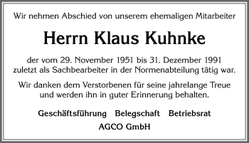 Traueranzeige von Klaus Kuhnke von Allgäuer Zeitung, Marktoberdorf