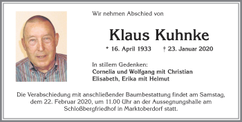 Traueranzeige von Klaus Kuhnke von Allgäuer Zeitung, Marktoberdorf