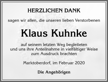 Traueranzeige von Klaus Kuhnke von Allgäuer Zeitung, Marktoberdorf