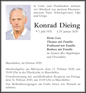 Traueranzeige von Konrad Dieing von Der Westallgäuer